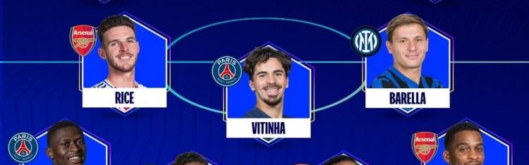 欧冠最佳阵容：赖斯莱万K77领衔 巴黎国米阿森纳各3席